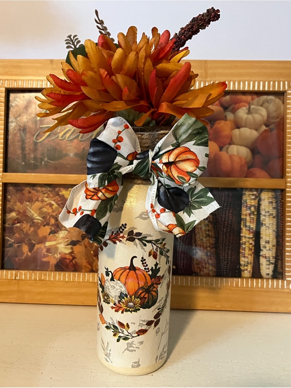 Autumn Pumpkin Decorative Bottle Vase with Orange Floral Bow